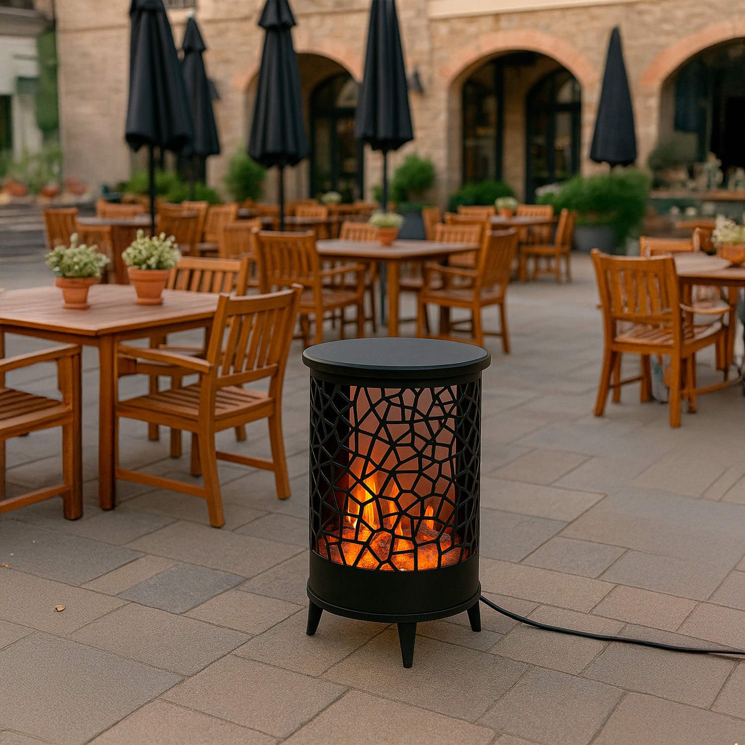 CAMINETTO-GARDENA-2 - SINED | Duchas de piscina | Chaise longue de jardín | Chimeneas eléctricas | Calefactores infrarrojos