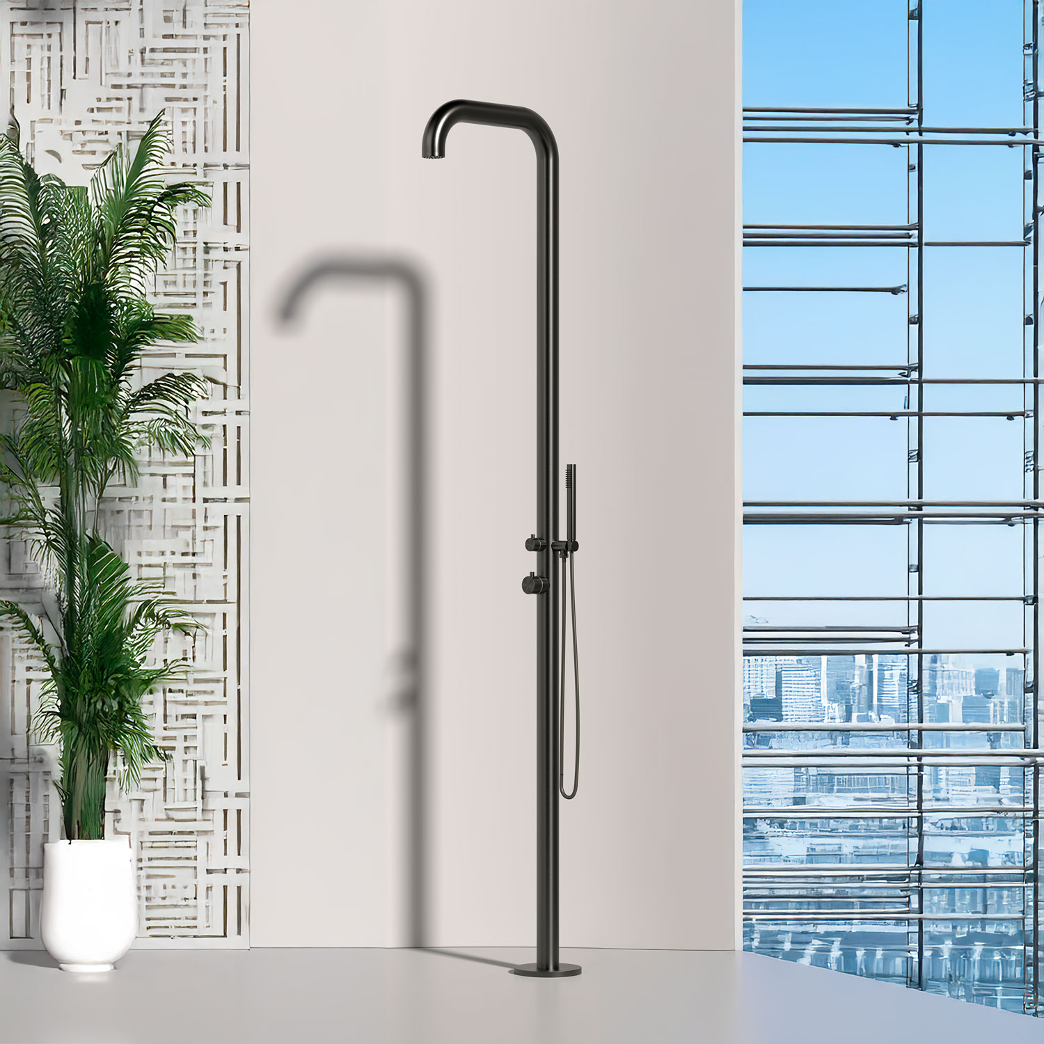 DOCCIA-CHIA-CANNA-FUCILE-ambientata - SINED | Duchas de piscina | Chaise longue de jardín | Chimeneas eléctricas | Calefactores infrarrojos