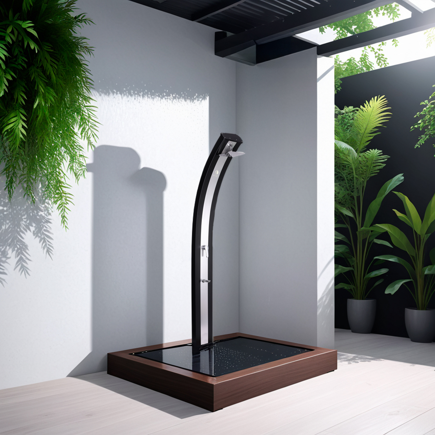 DOCCIA-ELLA-NERA-INOX-ambientata - SINED | Duchas de piscina | Chaise longue de jardín | Chimeneas eléctricas | Calefactores infrarrojos
