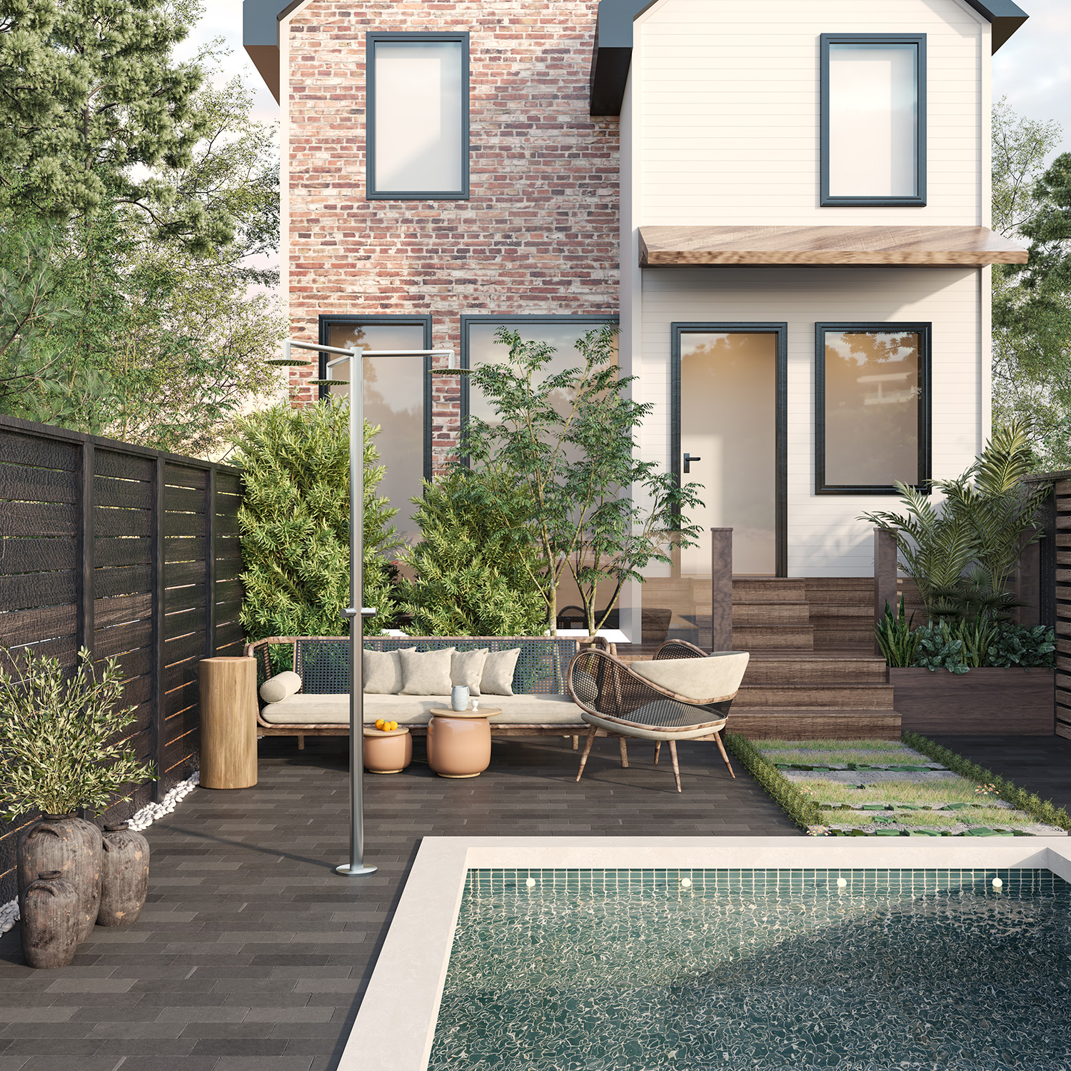 DOCCIA-INOX-CERBERO-3T-ambientata - SINED | Duchas de piscina | Chaise longue de jardín | Chimeneas eléctricas | Calefactores infrarrojos