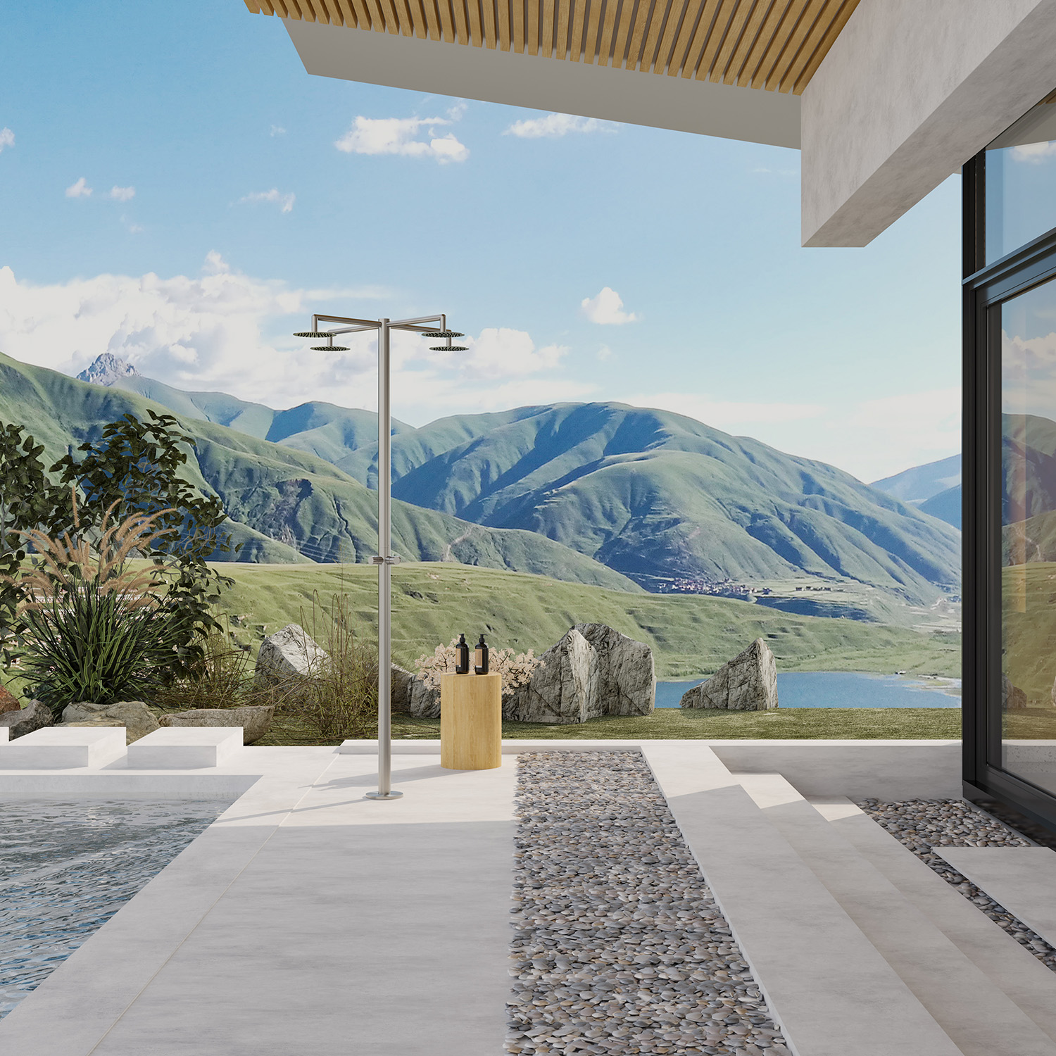 DOCCIA-INOX-IDRA-4T-ambientata - SINED | Duchas de piscina | Chaise longue de jardín | Chimeneas eléctricas | Calefactores infrarrojos