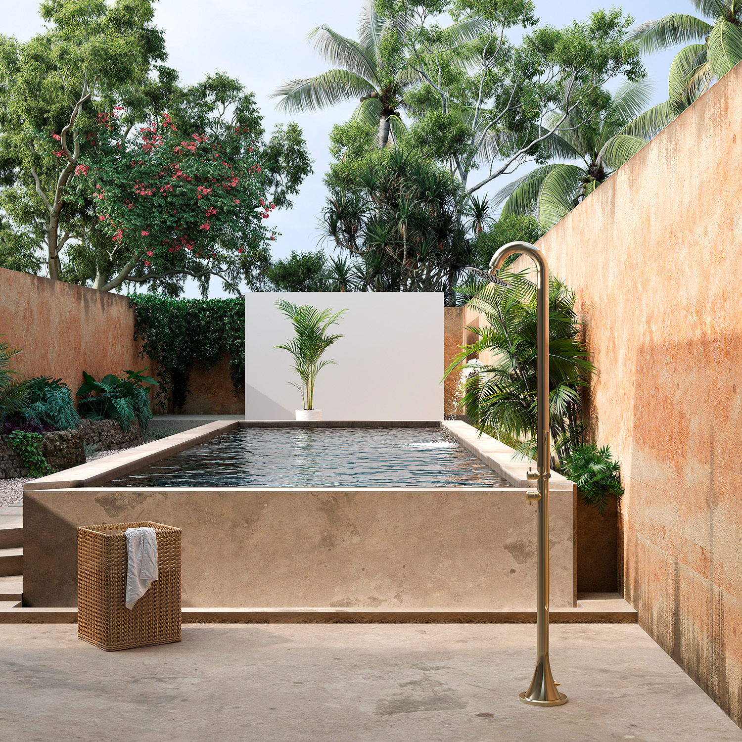 DOCCIA-INOX-LUNA-D-ORO-ambientata - SINED | Duchas de piscina | Chaise longue de jardín | Chimeneas eléctricas | Calefactores infrarrojos