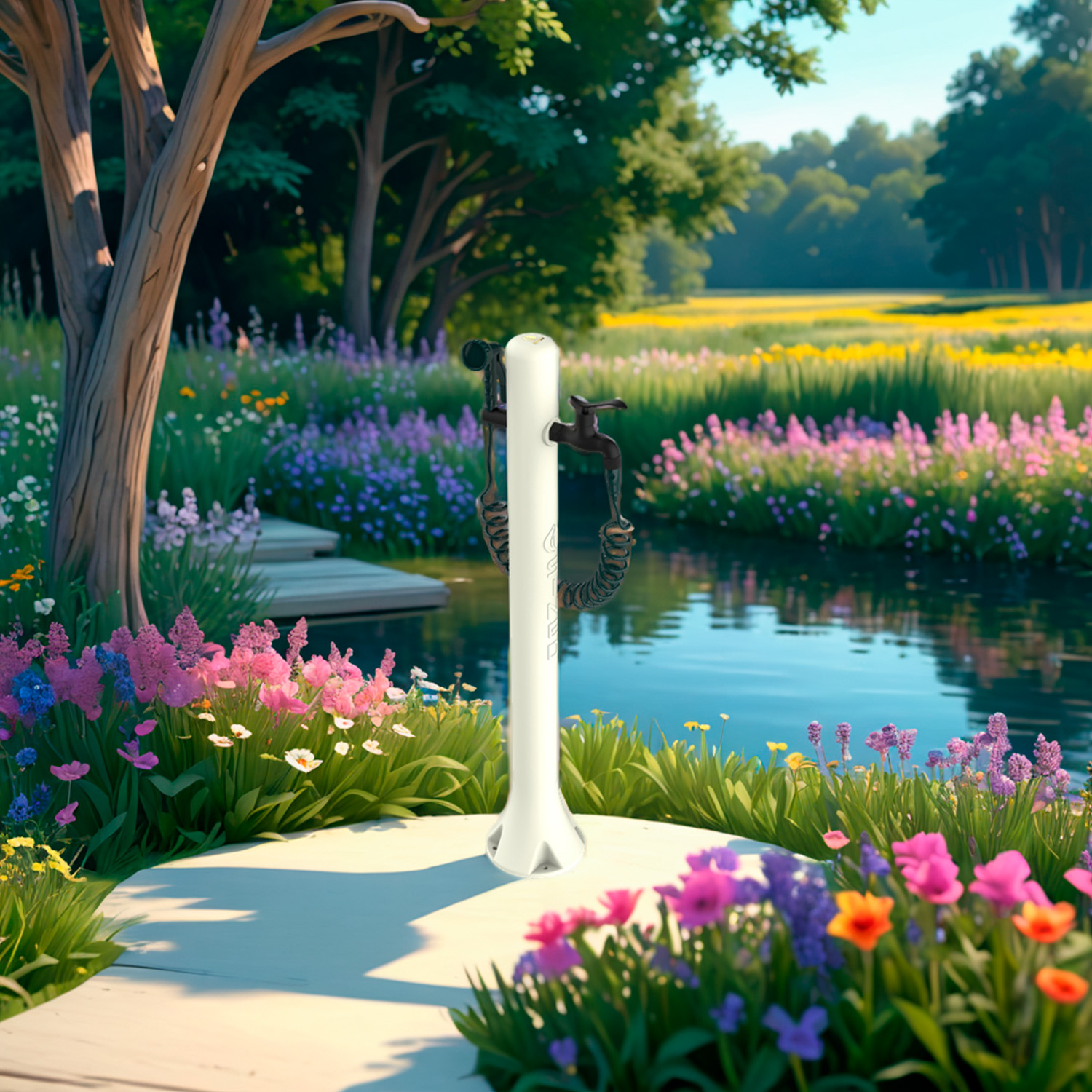 FONTANA-ACQUA-PRO-BIANCA-ambientata - SINED | Duchas de piscina | Chaise longue de jardín | Chimeneas eléctricas | Calefactores infrarrojos