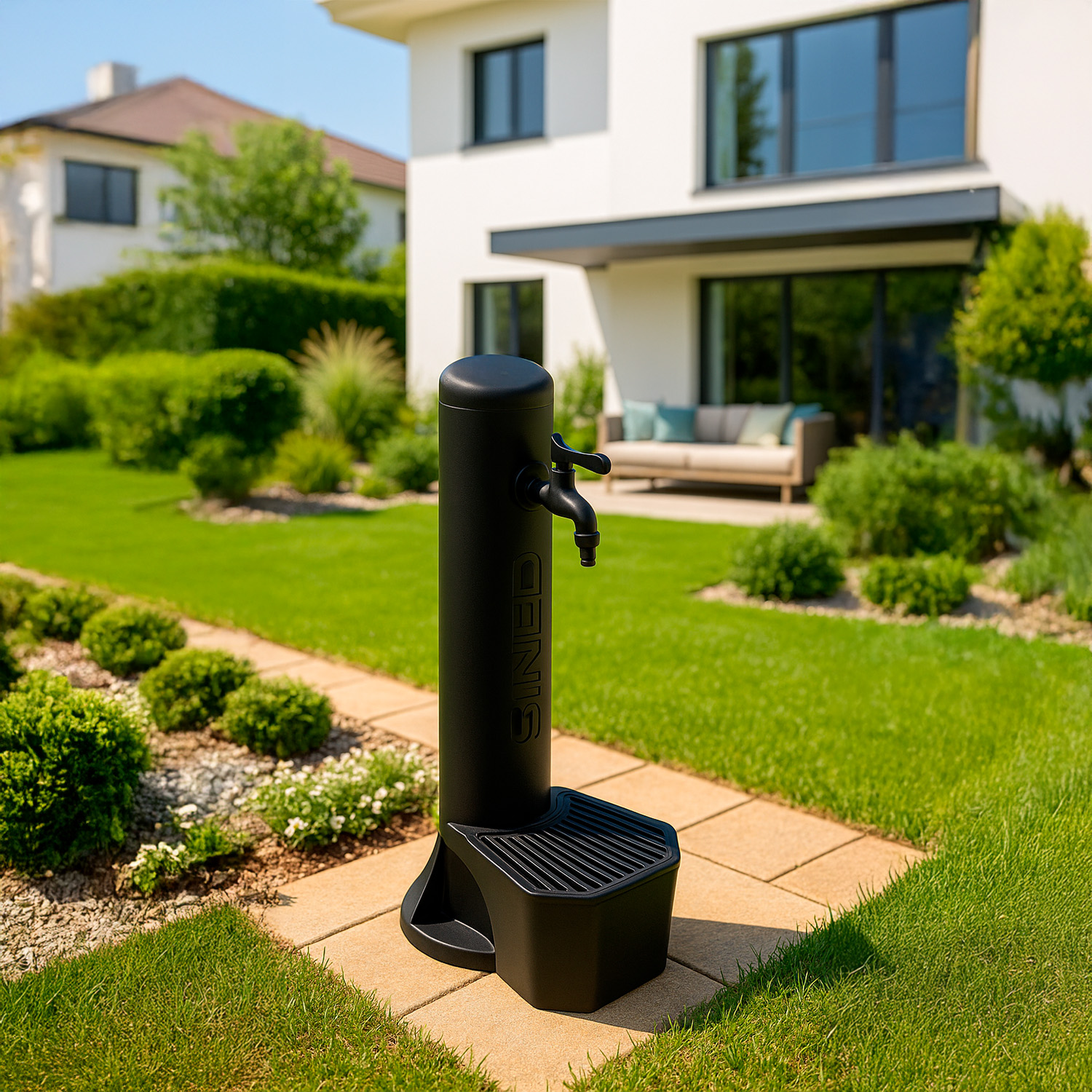 KIT-FONTANA-TRITONE-NERO-ambientata - SINED | Duchas de piscina | Chaise longue de jardín | Chimeneas eléctricas | Calefactores infrarrojos