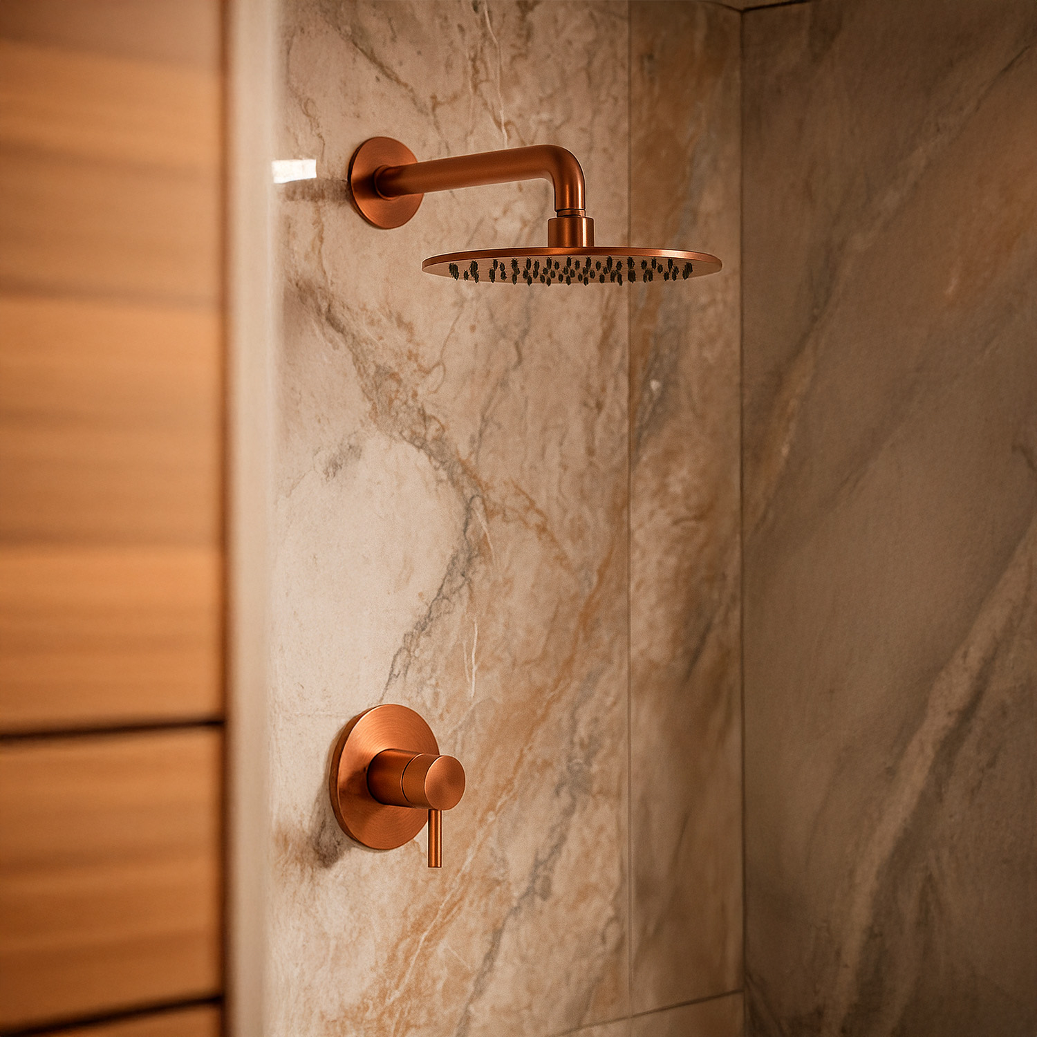 KIT-PARETE-SOFFIONE-LEVANTE-30-ORO-ROSA-ambientata - SINED | Duchas de piscina | Chaise longue de jardín | Chimeneas eléctricas | Calefactores infrarrojos