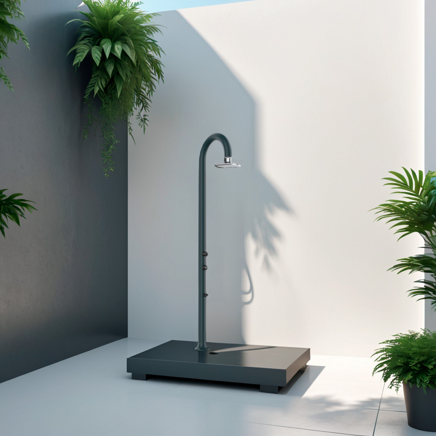 LUNA-ALU-GRIGIA-LED-ambientata - SINED | Duchas de piscina | Chaise longue de jardín | Chimeneas eléctricas | Calefactores infrarrojos